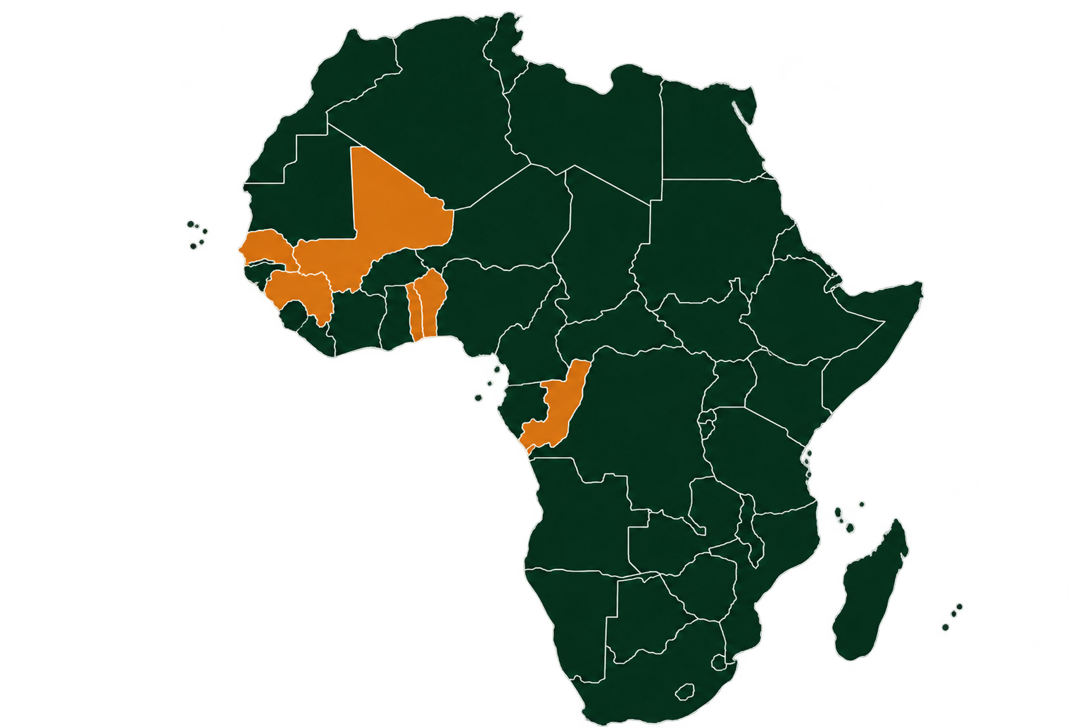 Carte de l'Afrique avec le Sénégal, le Mali, la Guinée, le Bénin, le Togo et le Congo en orange